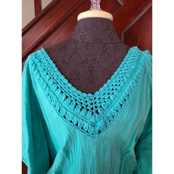 Trina Turk Aqua Crochet V-Neck Dress With Tassels & Drawstring Waist - Picture 2 of 7